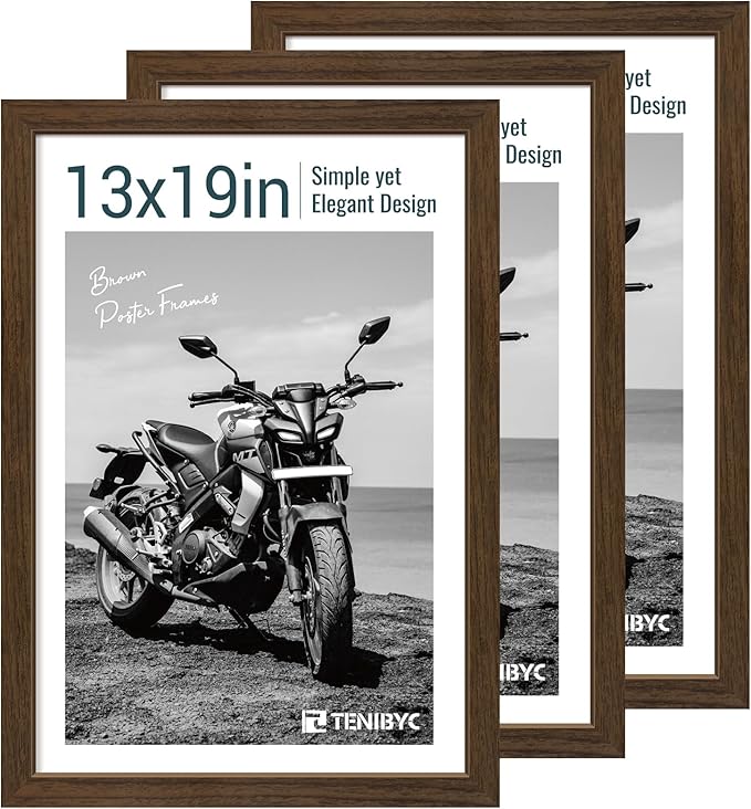 13x19 Picture Frame 3 Pack - Brown Woodgrain, Wood Photo Frame, HD Tempered Glass, Wall Gallery Poster Frame