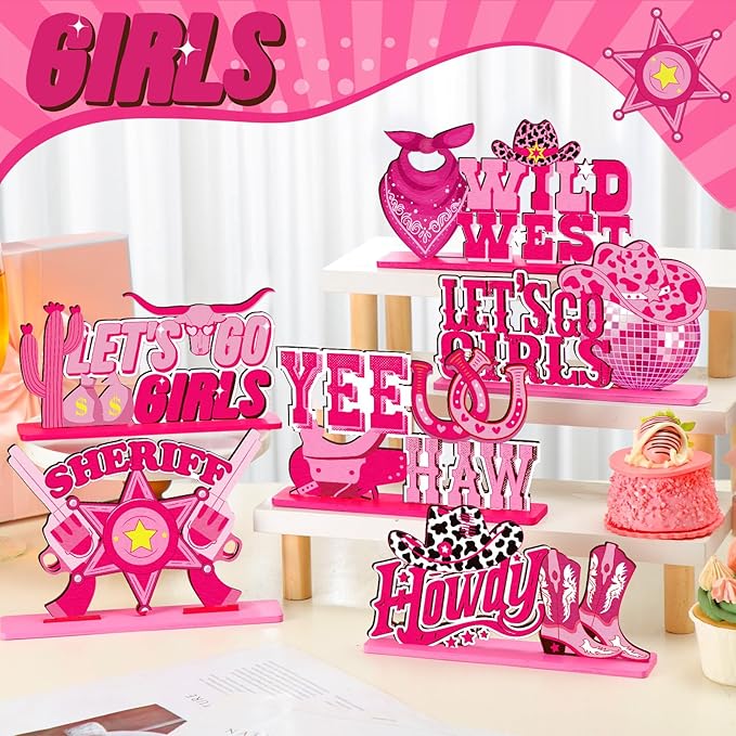 6 Pcs Disco Cowgirl Party Decorations Pink Let's Go Girls Bachelorette Table Decorations Western Cowgirl Wooden Centerpieces for Last Disco Birthday Western Rodeo Party Supplies