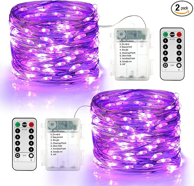 BrizLabs Purple Halloween Lights, 19.47ft 60 LED Battery Halloween Lights, 8 Modes Purple Fairy String Light with Remote, Waterproof Outdoor Twinkle Light for DIY Home Bedroom Holiday Party Decor