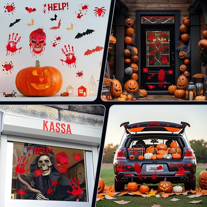 NEBURORA 6 Sheets Terror Bloody Handprint Footprint PVC Window Stickers Spooky Wall Decal and Floor Stickers for Halloween Decorations Party Decorations