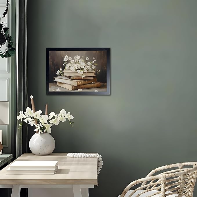 Wood Framed Canvas Poster Print Wall Art, Vintage Floral Book Wall Decor Oil Painting, Dark Academia Room Aesthetics Picture for Bathroom Classroom Dormitory room Decor 12x16 inch