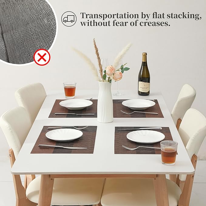 Leetaltree Brown with Black Striped Placemats Set of 8 - Heat Resistant Non-Slip Place mats for Dining Table, Washable Durable PVC Vinyl Woven Table Mats（Brown Stripe, 8）