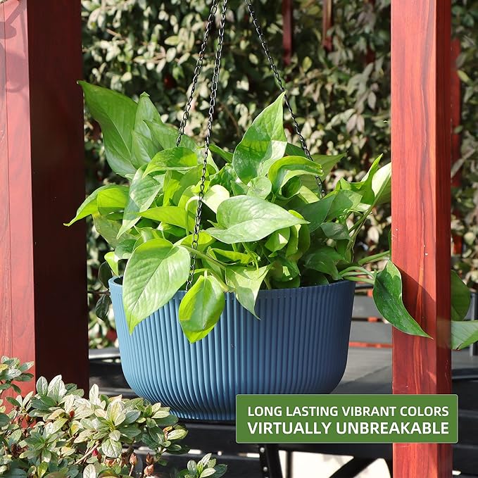 Dexceder 11.2 Inch Self Watering Hanging Planters Indoor Outdoor, Thickened Hanging Basket Flower Plant Pot (2 Pack, Deep Blue)