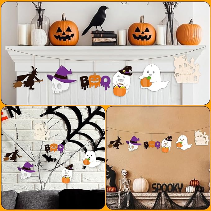 24 PCS Unfinished Wooden Halloween Crafts, Pumpkin Ghost Shaped Hanging Ornaments DIY Wood Craft Cutouts for Home Party Decor (Halloween)