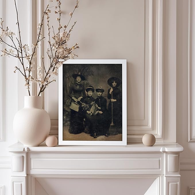 Poster Master Vintage Photograph Poster - Retro Halloween Print - Gift for Artist, Friend - Four Witches Wearing Robes, Sabbath, Coven, Sorcery - Wall Decor for Home, Office, 8x10 White Framed