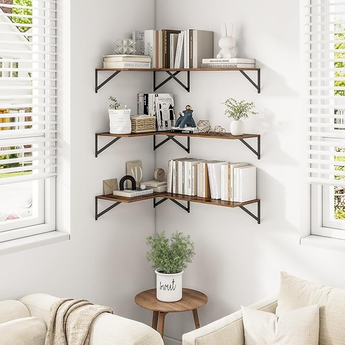 Heimlove 24" W x 12" D Wall Shelves for Books, 12 Inch Deep Floating Shelves Set of 3, Wide Floating Bookshelf with Metal Bracket for Living Room, Kitchen, Office, Bedroom and Decor - Rustic Brown