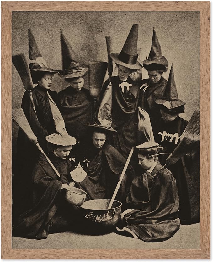 Poster Master Vintage Photograph Poster - Retro Halloween Print - Gift for Artist, Friend - Witches Cooking, Pointy Hats, Broomsticks, Black Magic - Wall Decor for Bedroom, 16x20 Beige Framed