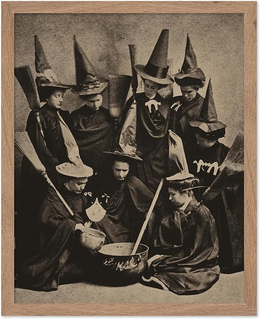 Poster Master Vintage Photograph Poster - Retro Halloween Print - Gift for Artist, Friend - Witches Cooking, Pointy Hats, Broomsticks, Black Magic - Wall Decor for Bedroom, 8x10 Beige Framed