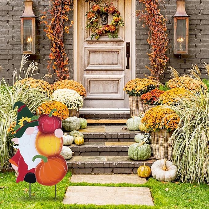 YEAHOME Fall Decorations Outdoor, Metal Gnome with Pumpkin Decorative Garden Stakes for Fall Decor, Autumn Yard Signs for Home Outside Garden Lawn Porch, Thanksgiving Decorations Outdoor (YHMD-476)