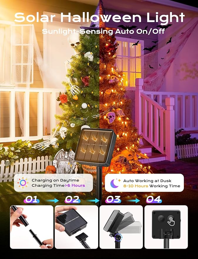 Brightown Solar Operated C6 Halloween Outdoor Lights, 22.64ft 50 LEDs Orange Halloween Lights, Strawberry LED Fairy Lights, Solar Waterproof String Light for Tree, Garden Decor Outdoor Decorations