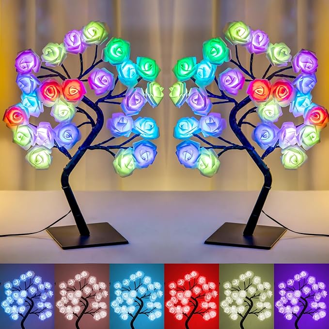 2 Pieces 18 Colors Rose Tree Lamp - Multicolor LED Rose Flower Night Light Pink Flower Lamp Rose Lamp Tabletop Bonsai Tree for Wedding Valentine's Day Decorations Wedding Girls Party Bedroom