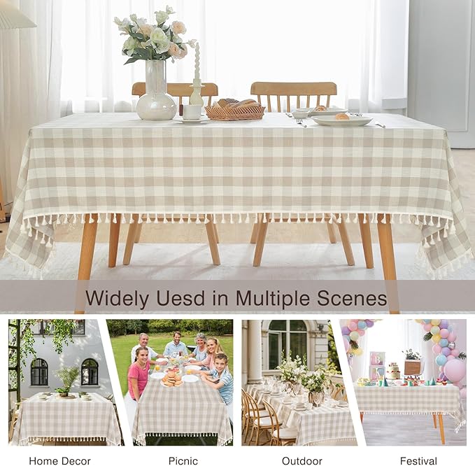 JIALE Gingham Tablecloth Rectangle Cotton Linen Fabric Checkered Table Cloth with Tassel Washable Wrinkle Free Buffalo Plaid Table Cover for Outdoor Party Picnic Kitchen Dining, Beige, 55x120