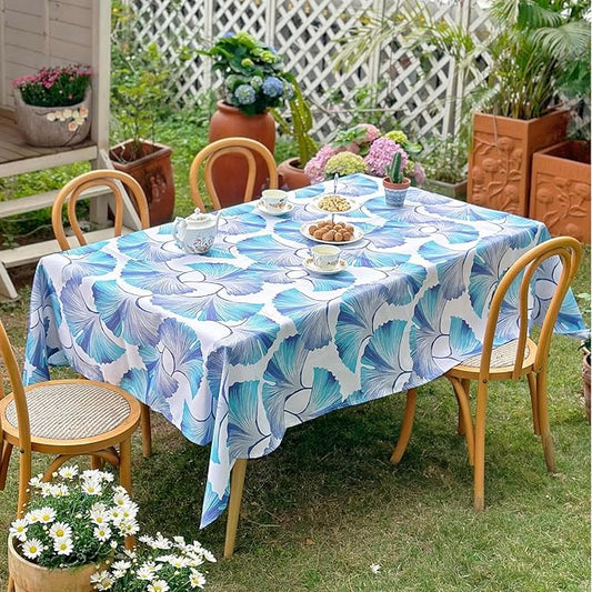 Rectangle Outdoor Tablecloth, Waterproof Washable Table Cloth, Ginkgo Leaf Pattern Table Cover for Dining, Farmhouse, Party - Spring Summer, 60''x120'', Blue Floral
