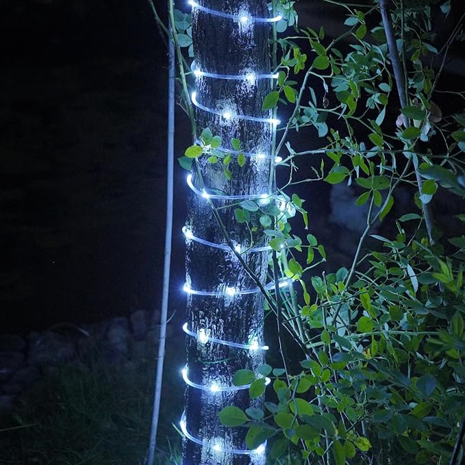 YEGUO 2 Packs Each 33ft 100 LED Solar Rope Lights Outdoor Waterproof, White String Lights for Outside, 8 Modes Fairy Lights in Clear Thin Tube for Camping Fence Patio Garden Trampoline Deck