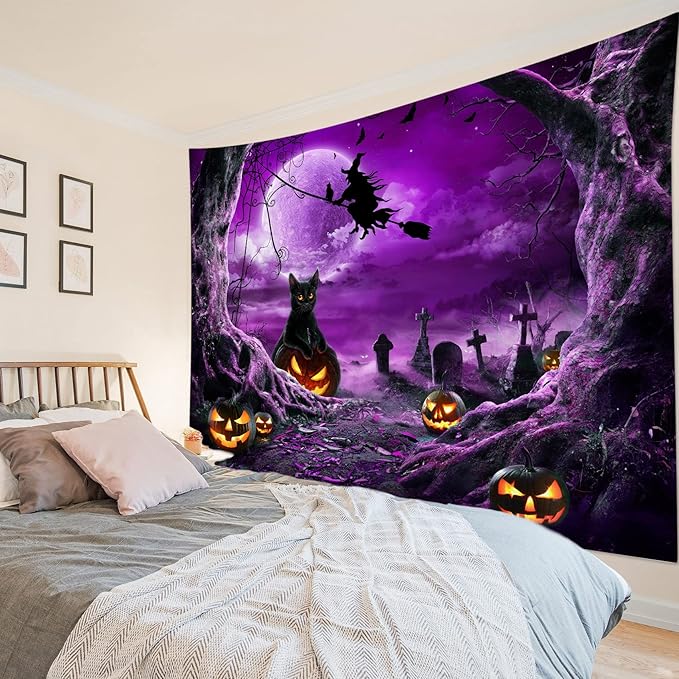 LB Halloween Tapestry Horror Witch Cat and Dead Tree Pumpkin Lights with Spooky Graveyard Tapestry Wall Hanging Purple Full Moon over Misty Forest Wall Decor for Bedroom Living Room Dorm 60x40 Inches
