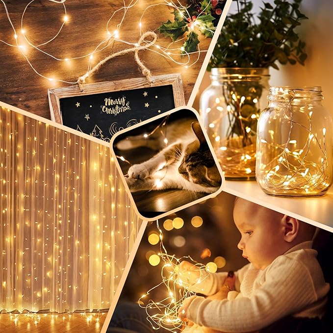 4 Pack 100 LED Fairy Lights Battery Operated with Timer & Remote, 33FT Waterproof Twinkle Lights Indoor Outdoor, Fairy String lights for Bedroom Classroom DIY Wedding Christmas Decorations, Warm White