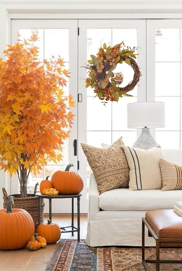 Fall Owl Wreath for Front Door 24 Inch, Autumn Natural Pine Cones Faux Eucalyptus Magnolia Leaf Berry Wreath, Fall Decor for Home Farmhouse Door Wall Window Porch Indoor/Outdoor