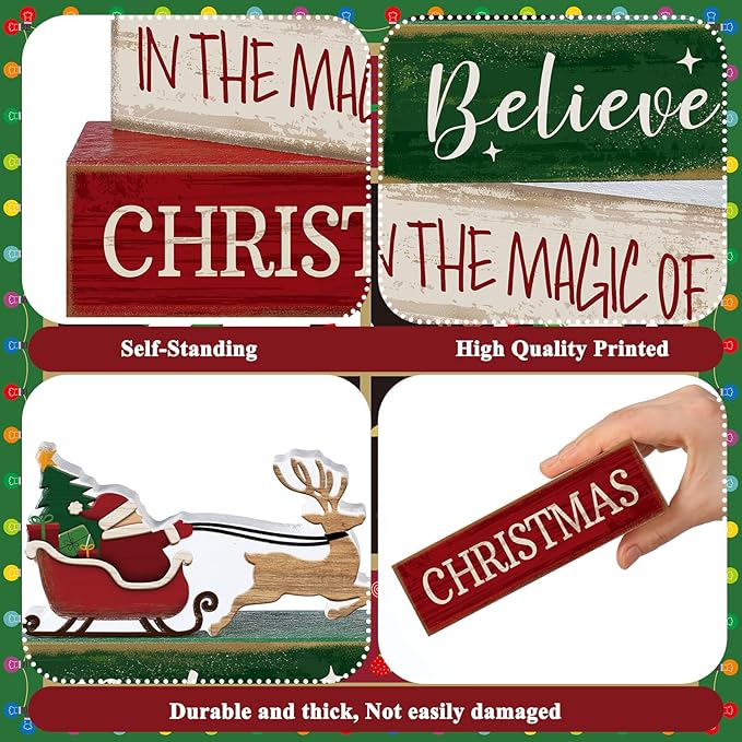 4 Pcs Christmas Table Decoration Wooden Santa Claus Decor Christmas Tiered Tray Decor Decorative Santa Claus Elk Block Sign Gift Farmhouse Xmas Table Centerpiece for Home Kitchen Shelf