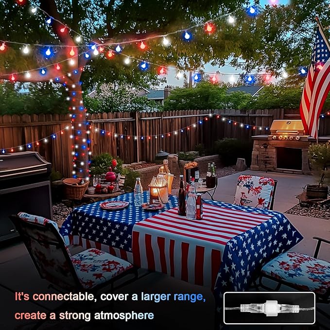 JMEXSUSS Connectable Red White and Blue Lights Indoor Outdoor, 100 LED 33ft 4th of July Decorations Light Plug in, 8 Modes Globe String Lights with Remote for Independence Day Party Patriotic Decor