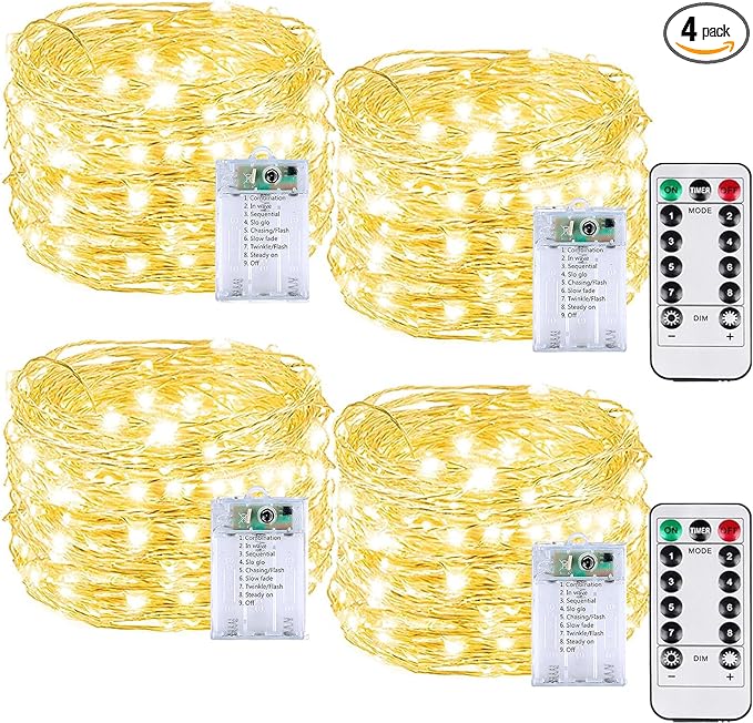 4 Pack 60LED Battery Operated Fairy Lights with Remote, 8 Modes LED String Lights with Timer, Dimmable, Memory Function, Waterproof Twinkle Fairy Lights for Outdoor Indoor Christmas Decor(Warm White)