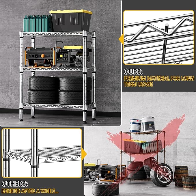 750 lbs 3 Tier Shelf Metal Storage Shelves Wire Rack Closet Organizers for Garage Kitchen Bathroom Laundry Chrome 11.8" D x 25.6" W x 31.5" H