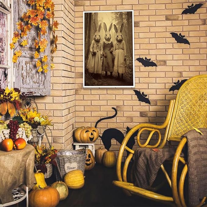 Vintage Horror Spooky Three Rabbits In Occult Forest Spooky Canvas Wall Art Poster Gothic Dark Academia Decorations Room Creepy Print Retro Halloween Wall Decor 16X24inch Unframed
