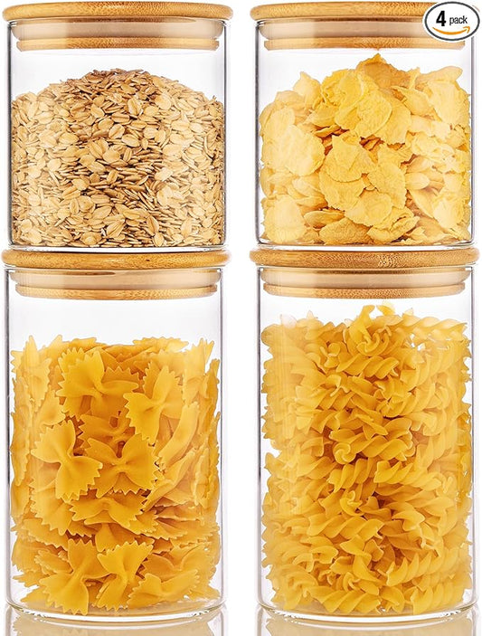 32oz & 21oz - 4 Pack Glass Jars with Bamboo Lids, Glass Pantry Storage Containers with Airtight Lids, Round Air Tigh Food Storage Canisters for Cereal, Pasta, Flour, Sugar, Best for Kitchen Organizer