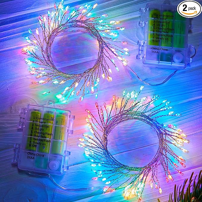 Outdoor Fairy Lights Battery Operated, 2 Pack Firecracker Twinkle String Lights with Remote, 5 Feet 60 LEDs for DIY Wreath Wedding Party Bedroom Mason Jar Holiday Christmas, Multicolor