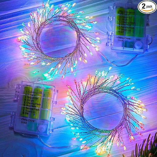 Outdoor Fairy Lights Battery Operated, 2 Pack Firecracker Twinkle String Lights with Remote, 5 Feet 60 LEDs for DIY Wreath Wedding Party Bedroom Mason Jar Holiday Christmas, Multicolor