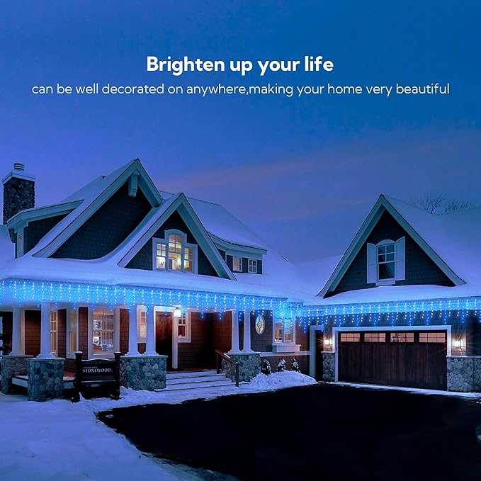 Hopolon 33FT 360L LED Christmas Icicle Lights Outdoor Waterproof,8 Modes Plug in Curtain String LIghts With 60 Drops,Christmas Lights for Wedding,Party,Bedroom,Home,Garden,Wall Decorations(Blue White)