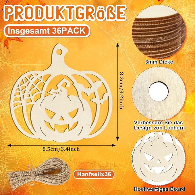 36PCS Wooden Pumpkins Ornaments to Paint Halloween Thanksgiving Decoration Cutouts Unfinished 3.5 inches, DIY Blank Unfinished Pumpkin Ornament for Home Harvest Crafts Hanging Autumn Decor（6Style）