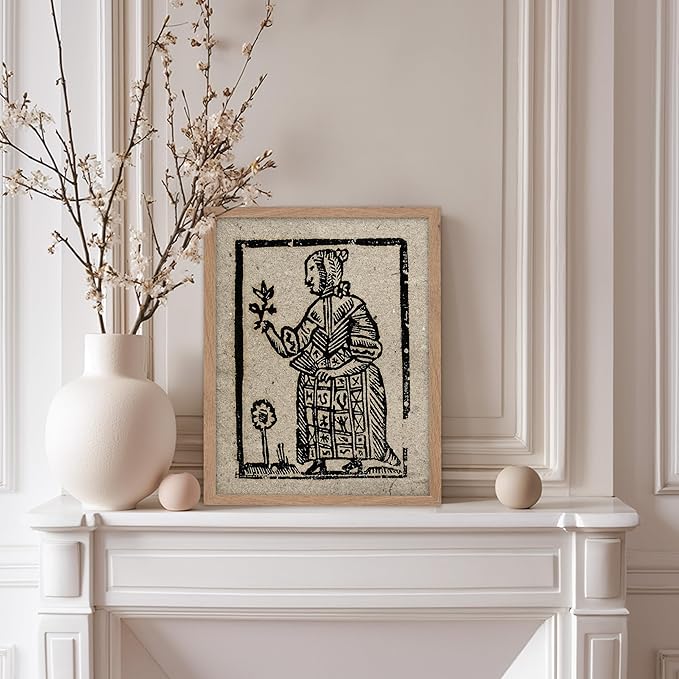Poster Master Vintage Woodcut Poster - Retro Medieval Print - Gift for Gothic, Horror Fan - Witch Holding a Plant, Magic, Spell, Herbalist - Wall Decor for Bedroom, Dorm, 11x14 Beige Framed