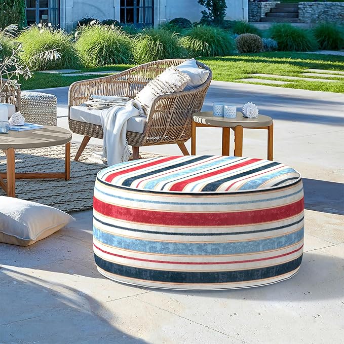 LVTXIII Outdoor Inflatable Ottoman, Fade-Resistant Round Footrest Stool D31”x H14”, Portable Patio Pouf for Garden Camping or Home Use, Stripe Red Blue