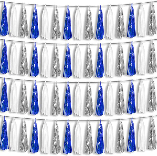 4P Navy-Blue White-Silver Foil Fringe Metallic Tassel Garland Banner, Tassels Banner Streamers for Parade Floats, Bachelorette, Wedding, Birthday, Halloween, Bridal/Baby Shower Party Decorations