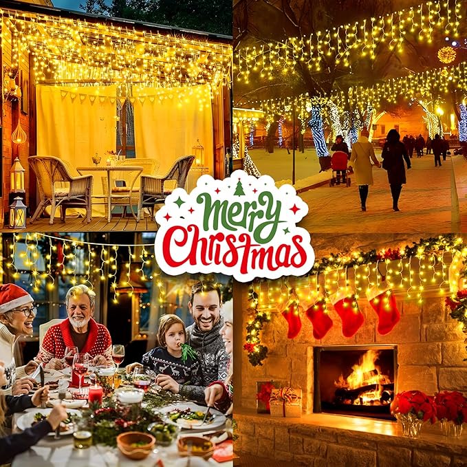 KNONEW 99ft 1216 LED Christmas Lights Outdoor Decorations with 228 Drops, 8 Modes Curtain Fairy String Light, Clear Wire LED String Light Indoor Decor for Wedding Party Christmas