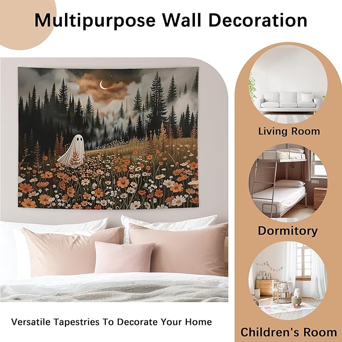 NATSUNO Halloween Tapestry, Halloween Spooky Ghost Wall Tapestry for Bedroom, Whimsical Enchanted Forest Flower Ghost Tapestries Wall Hanging for Home Living Room Decor, 50x60 Inches