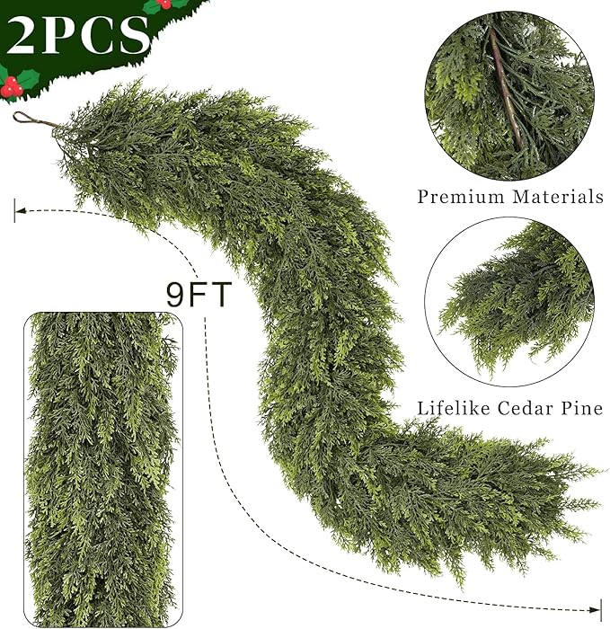 9FT Real Touch Cedar Garland for Fireplace - Artificial Christmas Garlands Realistic Faux Greenery Fake Pine Needles Garland for Holiday,Table, Window,Mantel,Stairs, Home,Indoor Outdoor Decor (2PCS)