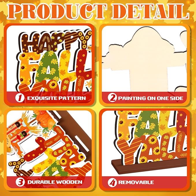 6 Pcs Fall Decorations for Home Fall Table Centerpiece Hello Autumn Wooden Table Sign Pumpkin Gnome Truck Gnome Wood Tabletop Decor Autumn Harvest Party Decorations for Home, 6 Styles