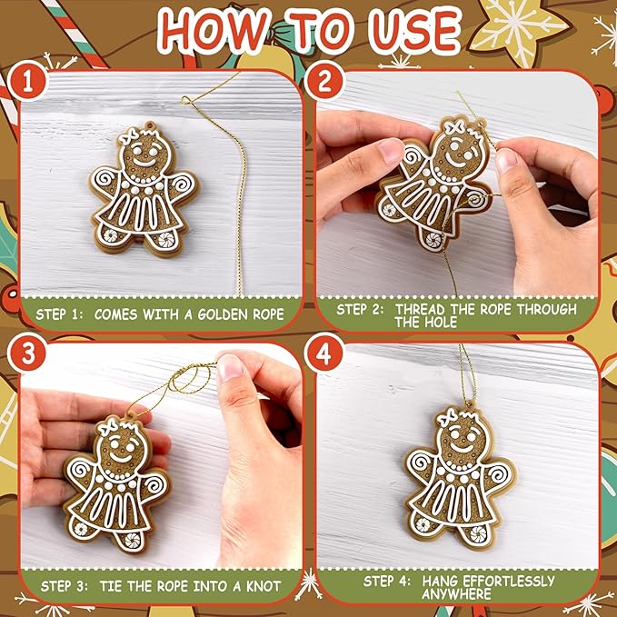 12pcs Christmas Gingerbread Man Ornaments, Assorted Gingerbread Figurines Decorations with Gingerbreads House Snowflake Ornaments for Xmas Tree Winter Crafts Holiday Home Party Decor Indoor