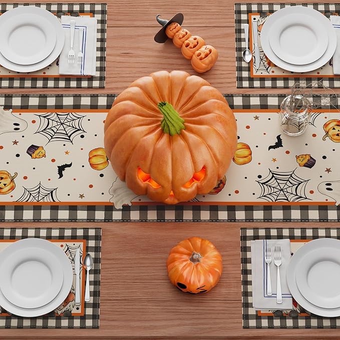 XCHI Spooky Boo Plaid Gnome Halloween Table Runner Party Table Decoration for Home Kitchen Dining Holiday Decor 13x36 Inch