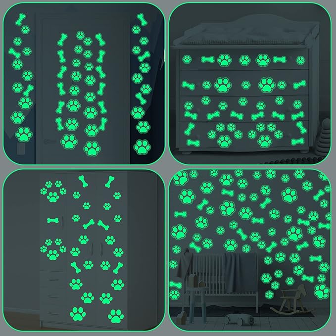 127 Glow in The Dark Dog Paw Stickers Luminous Removable Vinyl Wall Decals for Kids Nursery Bedroom(Green Light)