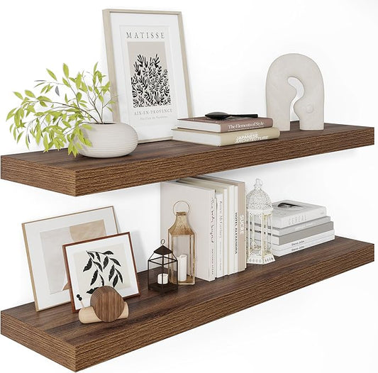 Wide Floating Shelves for Wall 12 Inch Deep, 36" X 12" X 2" Floating Shelf, 2 Inch Thick Shelf for Bathroom Bedroom Kitchen Book Room, Heavy Duty 65lbs Shelves for Farmhouse Decor Set of 2, Walnut