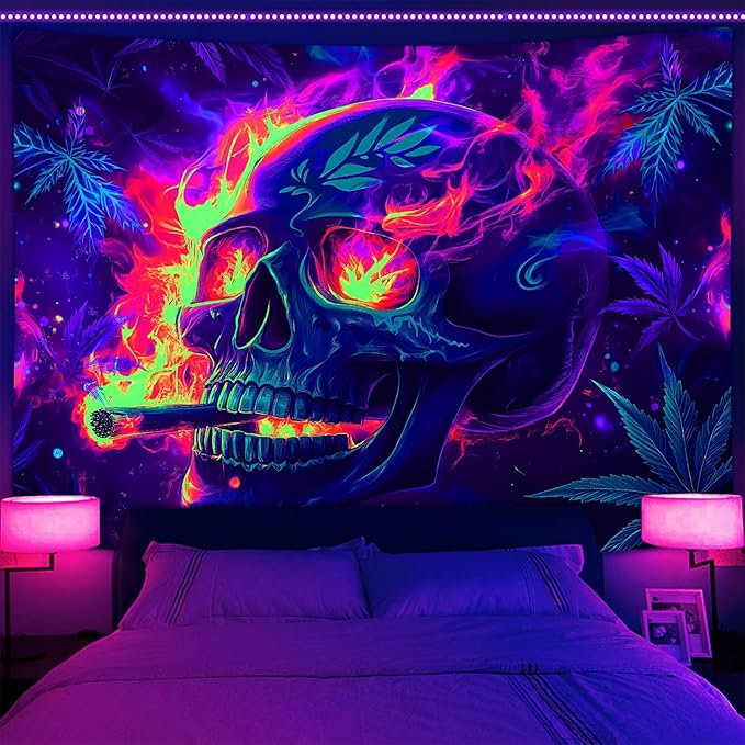 Blacklight Skeleton Tapestry, Glowing Skull UV Reactive Gothic Wall Hanging Tapestries, Glow in the Dark Grim Reaper Magic Horror Face Halloween Poster Tapestry for Bedroom Living Room Decor 40X30IN