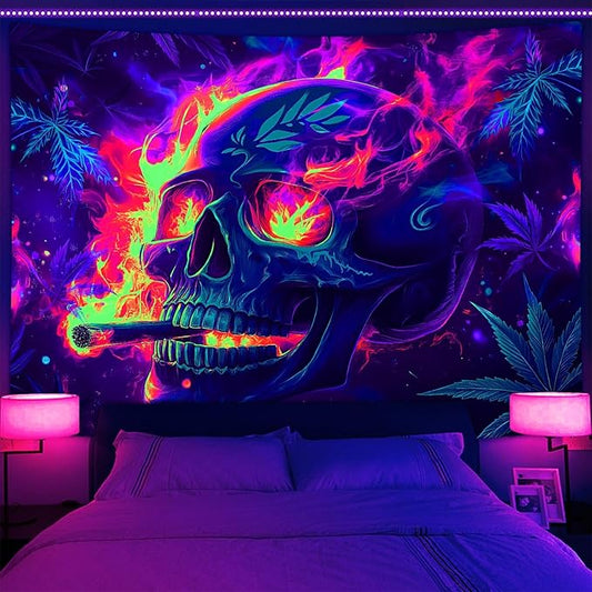 Blacklight Skeleton Tapestry, Glowing Skull UV Reactive Gothic Wall Hanging Tapestries, Glow in the Dark Grim Reaper Magic Horror Face Halloween Poster Tapestry for Bedroom Living Room Decor 40X30IN