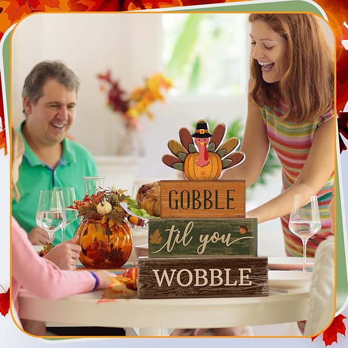 4 Pcs Fall Decorations for Home Thanksgiving Tiered Tray Decor Fall Table Decor Thanksgiving Centerpiece Rustic Wooden Turkey Block Sign for Autumn Harvest Party Table Kitchen Shelf