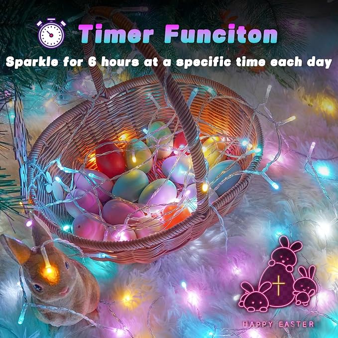 Easter Lights Battery Operated Fairy Lights, 2 Pack 33FT 100LED Multicolor easter String Lights, 8 Modes Waterproof Pastel Light Indoor Outdoor, Twinkle Lights for Room Garden Party Easter Decorations