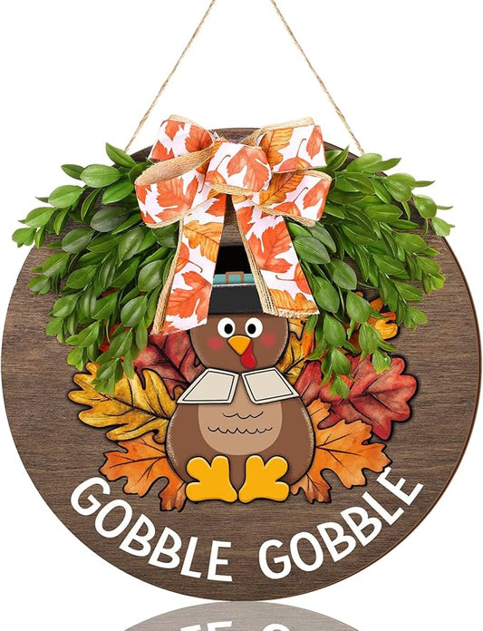 Boao 12 Inch Thanksgiving Door Decor Turkey Gobble Wooden Sign for Front Door Decorations Thanksgiving Sign with Bow Wall Art Hanging Wreath Decorations for Harvest Home Outdoor Farmhouse Porch Hanger