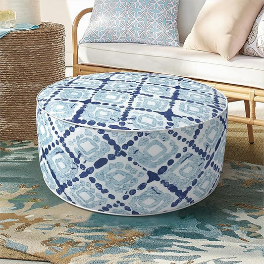 Inflatable Ottoman Stool D21 xH9 for Outdoor/Indoor Use, Water Repellent Patio Foot Rest with Portable Handle,Round Pouf Ottoman Suitable for Garden,Deck and Camping - Boho Geometry Blue
