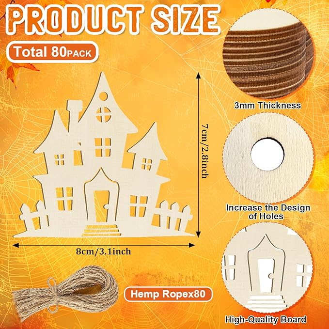 80PCS Wooden Halloween Ornaments to Paint Fall Decorations,10 Styles DIY Blank Autumn Unfinished Wood Skull Pumpkin Ghost Bat Boo Trick or Treat Halloween Cutouts Ornament for Crafts Party Hanging