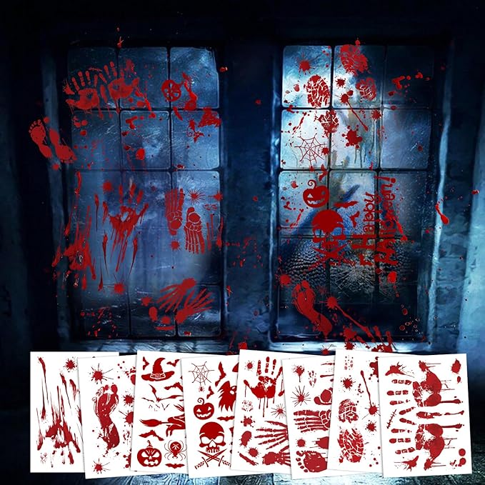 Halloween Decorations, 8 Sheet/95Pcs Halloween Bloody Handprint Footprint Wall Decal Floor Clings, Horror Handprint Home PVC Halloween Decoration Window Stickers